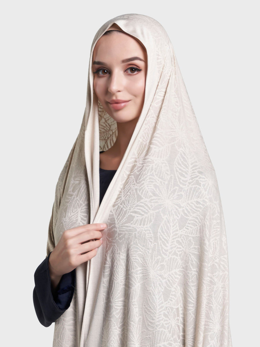 Solid Self Design Leaf Jacquard Print Hijab