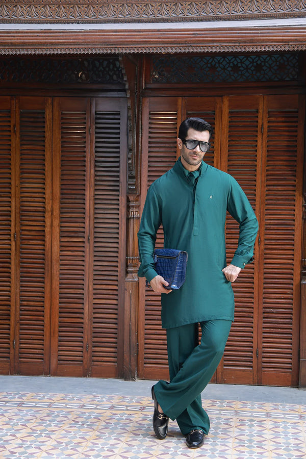 Humayun Alamgir — Green Linen Silk Kurta Pajama